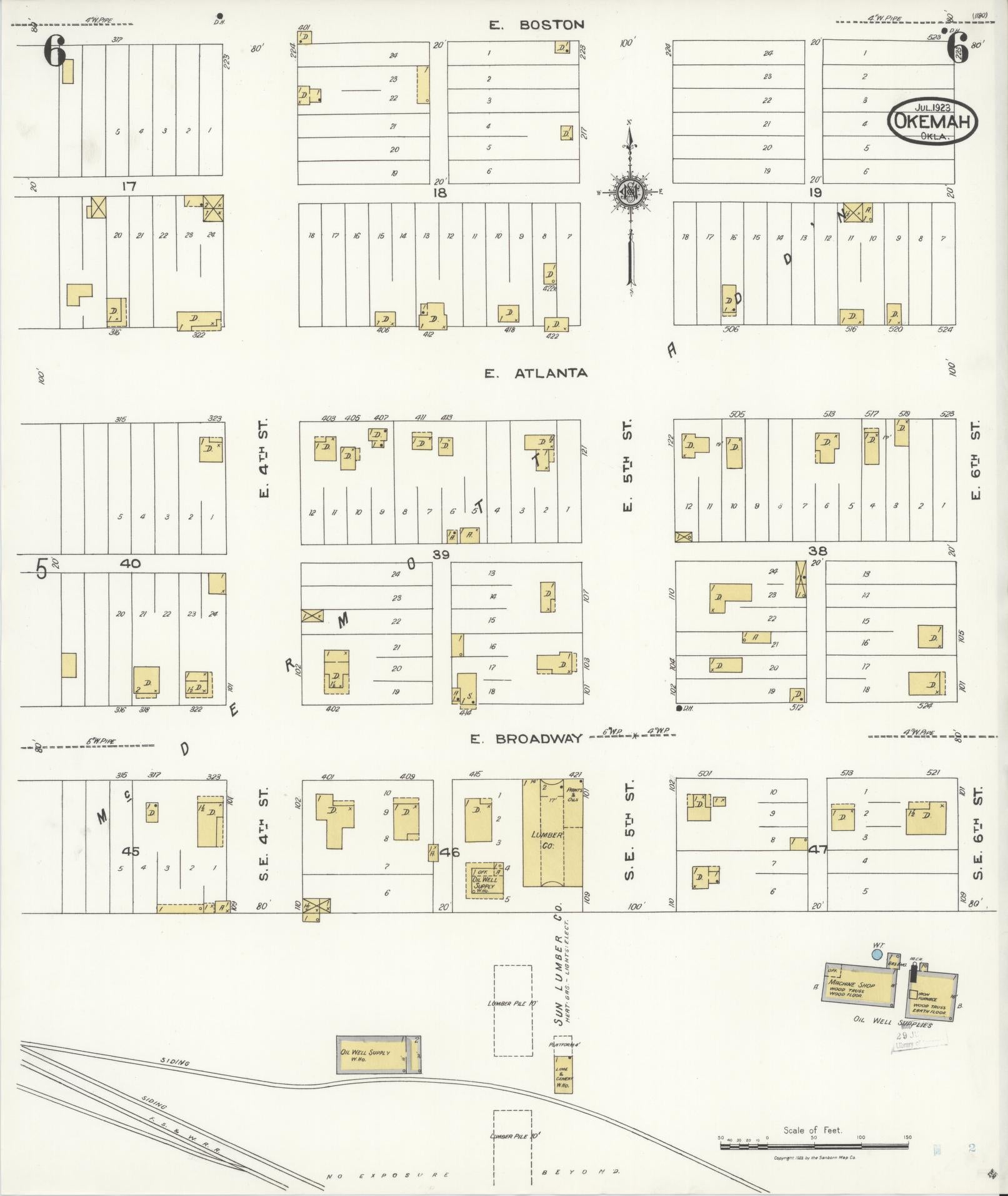 Sanborn Fire Insurance Map from Okemah, Okfuskee County, Oklahoma (1923), Sheet #0006 - Historic Sanborn Fire Insurance Map Print, vintage old map wall art, antique decor, genealogy gift, Oklahoma Oklahoma map