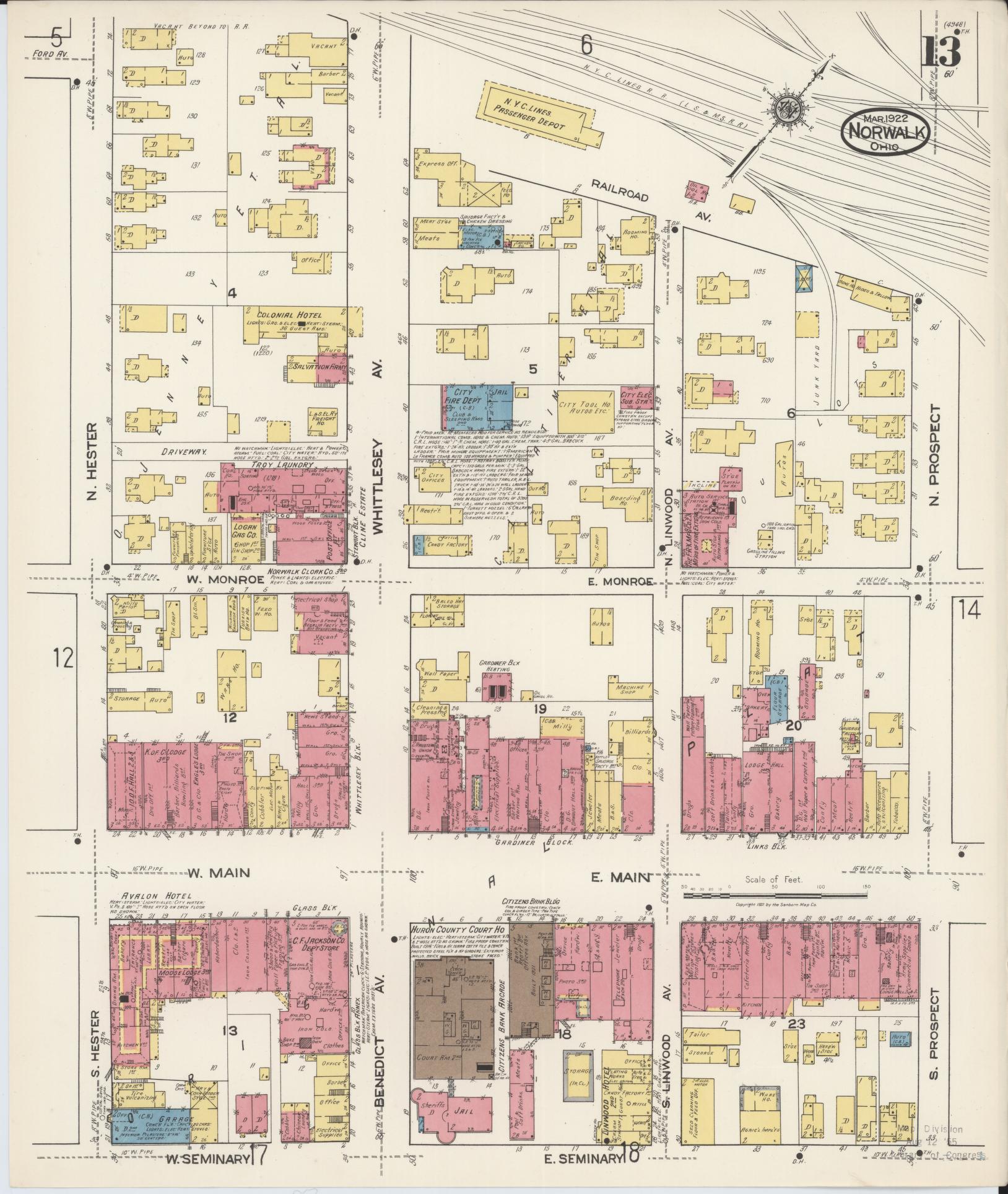 Sanborn Fire Insurance Map from Norwalk, Huron County, Ohio (1922), Sheet #0013 - Historic Sanborn Fire Insurance Map Print, vintage old map wall art, antique decor, genealogy gift, Ohio Ohio map