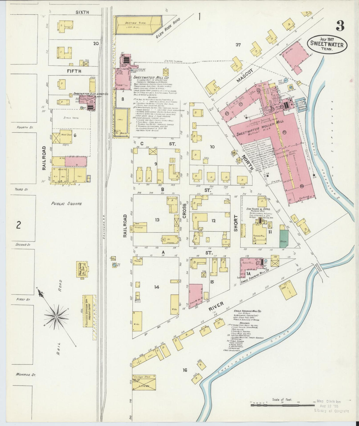 Sanborn Fire Insurance Map from Sweetwater, Monroe County, Tennessee (1907), Sheet #0003 - Complete Map Set gallery image, historic Sanborn map, vintage wall art, Tennessee Tennessee
