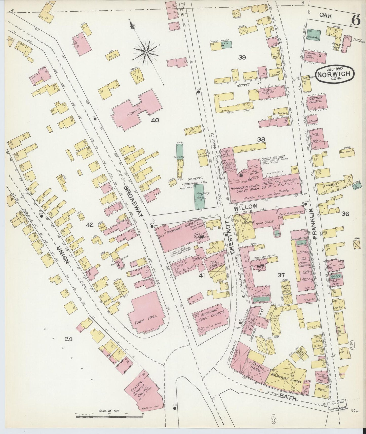 Sanborn Fire Insurance Map from Norwich, New London County, Connecticut (1892), Sheet #0006 - Historic Sanborn Fire Insurance Map Print, vintage old map wall art, antique decor, genealogy gift, Connecticut Connecticut map