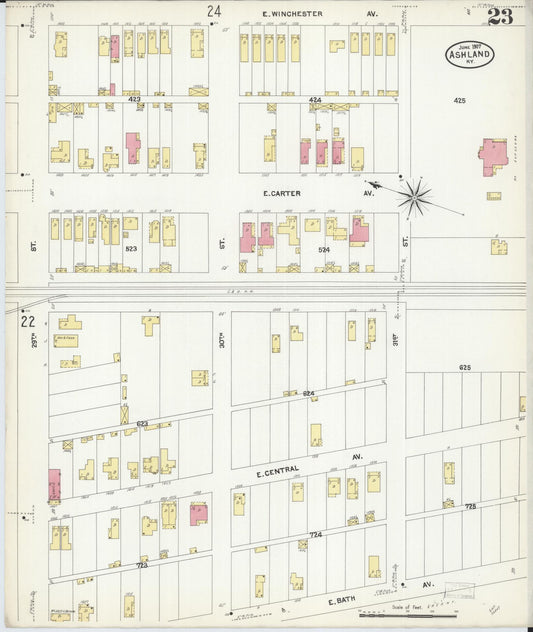 Sanborn Fire Insurance Map from Ashland, Boyd County, Kentucky (1907), Sheet #0023 - Historic Sanborn Fire Insurance Map Print, vintage old map wall art, antique decor, genealogy gift, Kentucky Kentucky map