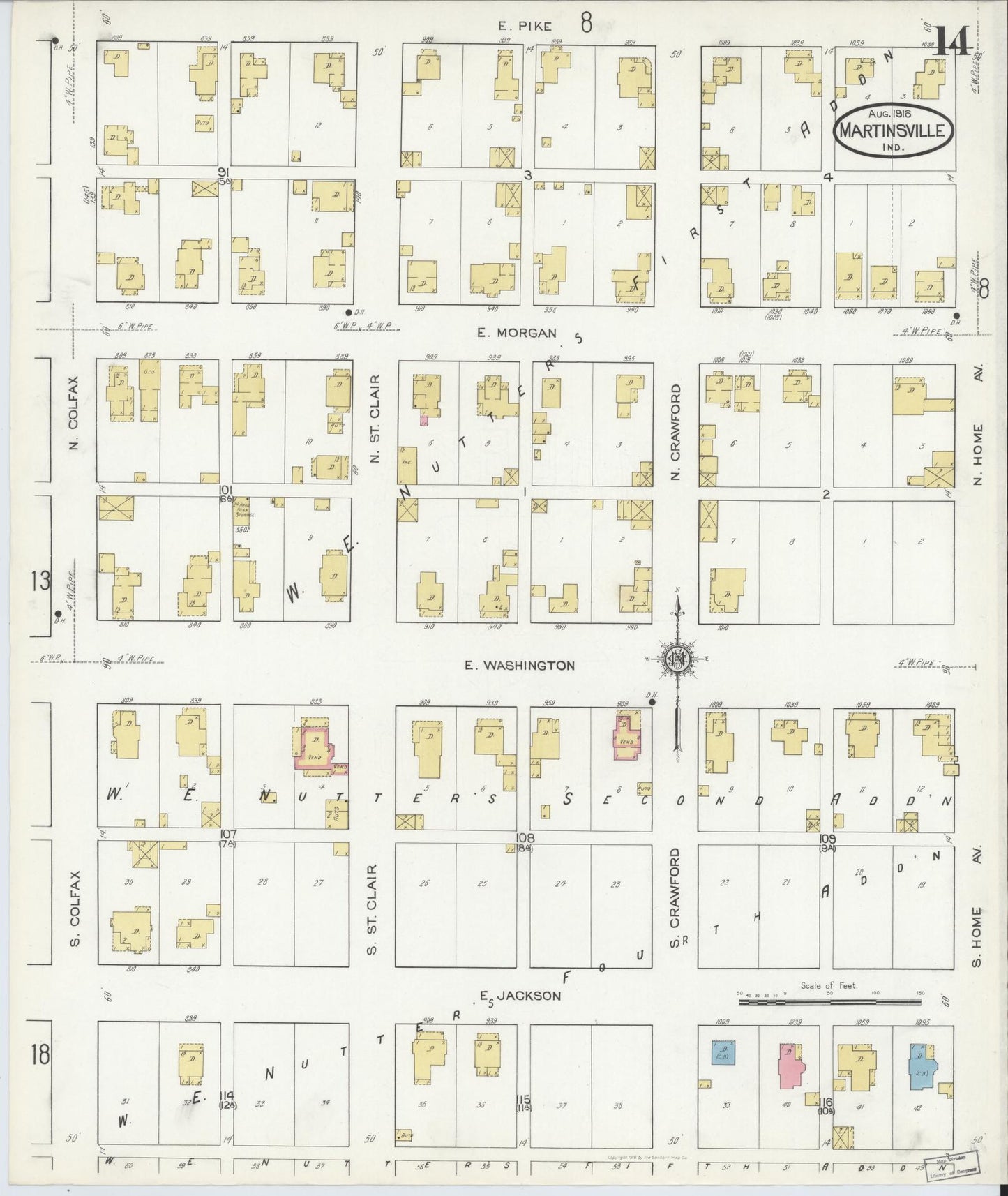 Sanborn Fire Insurance Map from Martinsville, Morgan County, Indiana (1916), Sheet #0014 - Complete Map Set gallery image, historic Sanborn map, vintage wall art, Indiana Indiana