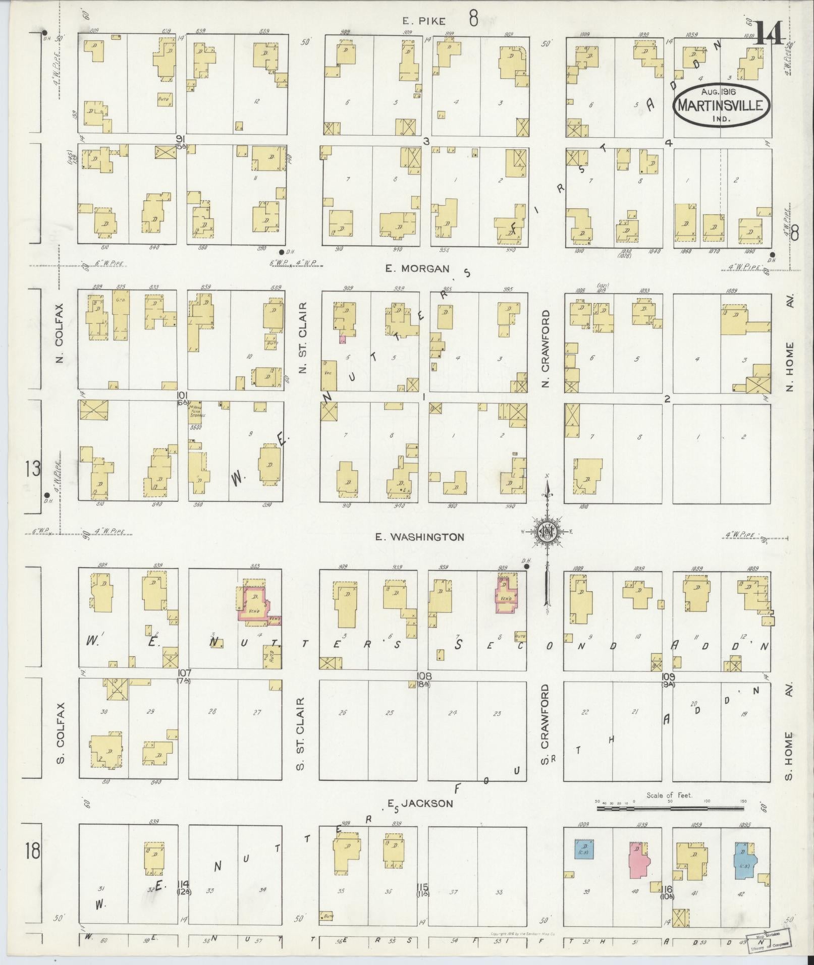 Sanborn Fire Insurance Map from Martinsville, Morgan County, Indiana (1916), Sheet #0014 - Complete Map Set gallery image, historic Sanborn map, vintage wall art, Indiana Indiana