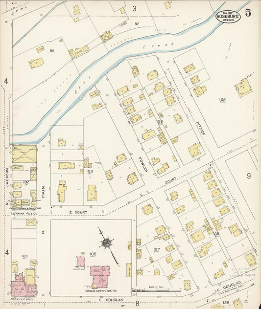 Sanborn Fire Insurance Map from Roseburg, Douglas County, Oregon (1912), Sheet #0005 - Historic Sanborn Fire Insurance Map Print, vintage old map wall art, antique decor, genealogy gift, Oregon Oregon map
