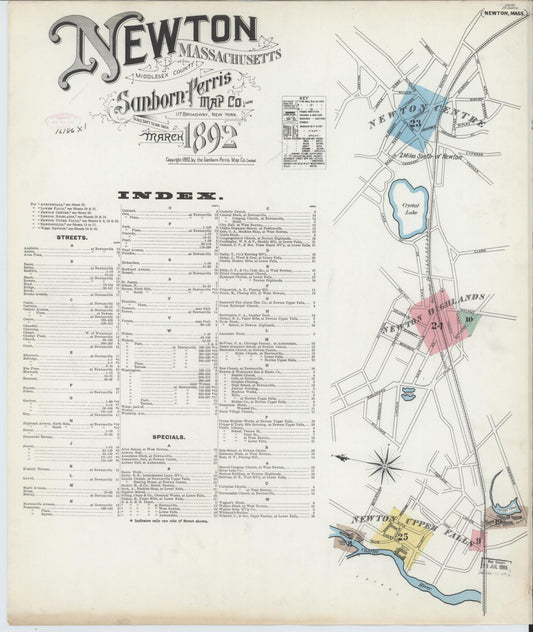 Sanborn Fire Insurance Map from Newton, Middlesex County, Massachusetts (1892), Sheet #0001 - Historic Sanborn Fire Insurance Map Print, vintage old map wall art, antique decor, genealogy gift, Massachusetts Massachusetts map