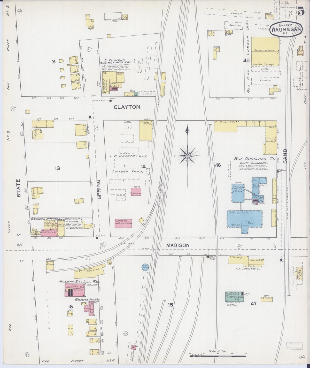 Sanborn Fire Insurance Map from Waukegan, Lake County, Illinois (1892), Sheet #0005 - Complete Map Set gallery image, historic Sanborn map, vintage wall art, Illinois Illinois