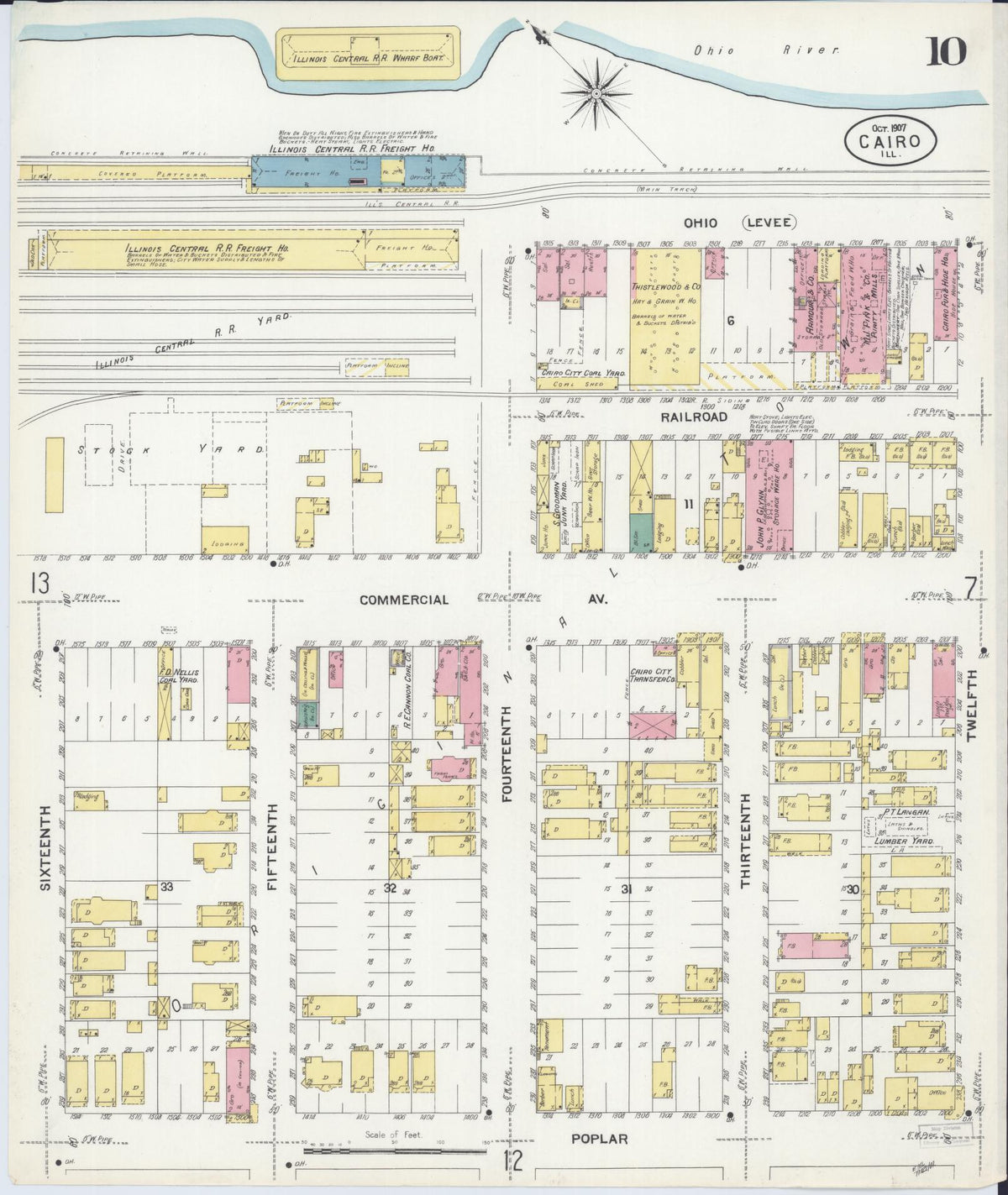 Sanborn Fire Insurance Map from Cairo, Alexander County, Illinois (1907), Sheet #0010 - Historic Sanborn Fire Insurance Map Print, vintage old map wall art, antique decor, genealogy gift, Illinois Illinois map