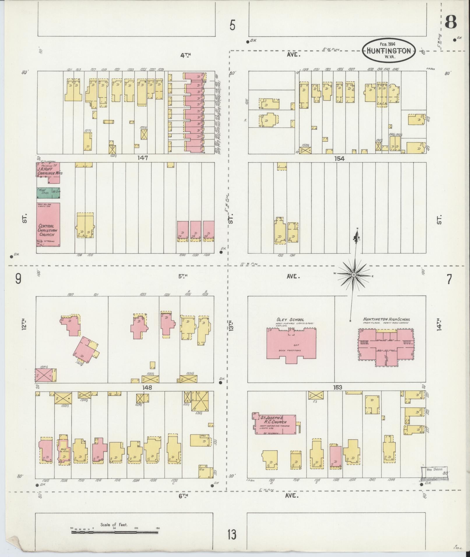 Sanborn Fire Insurance Map from Huntington, Cabell County, West Virginia (1904), Sheet #0008 - Complete Map Set gallery image, historic Sanborn map, vintage wall art, West Virginia West Virginia