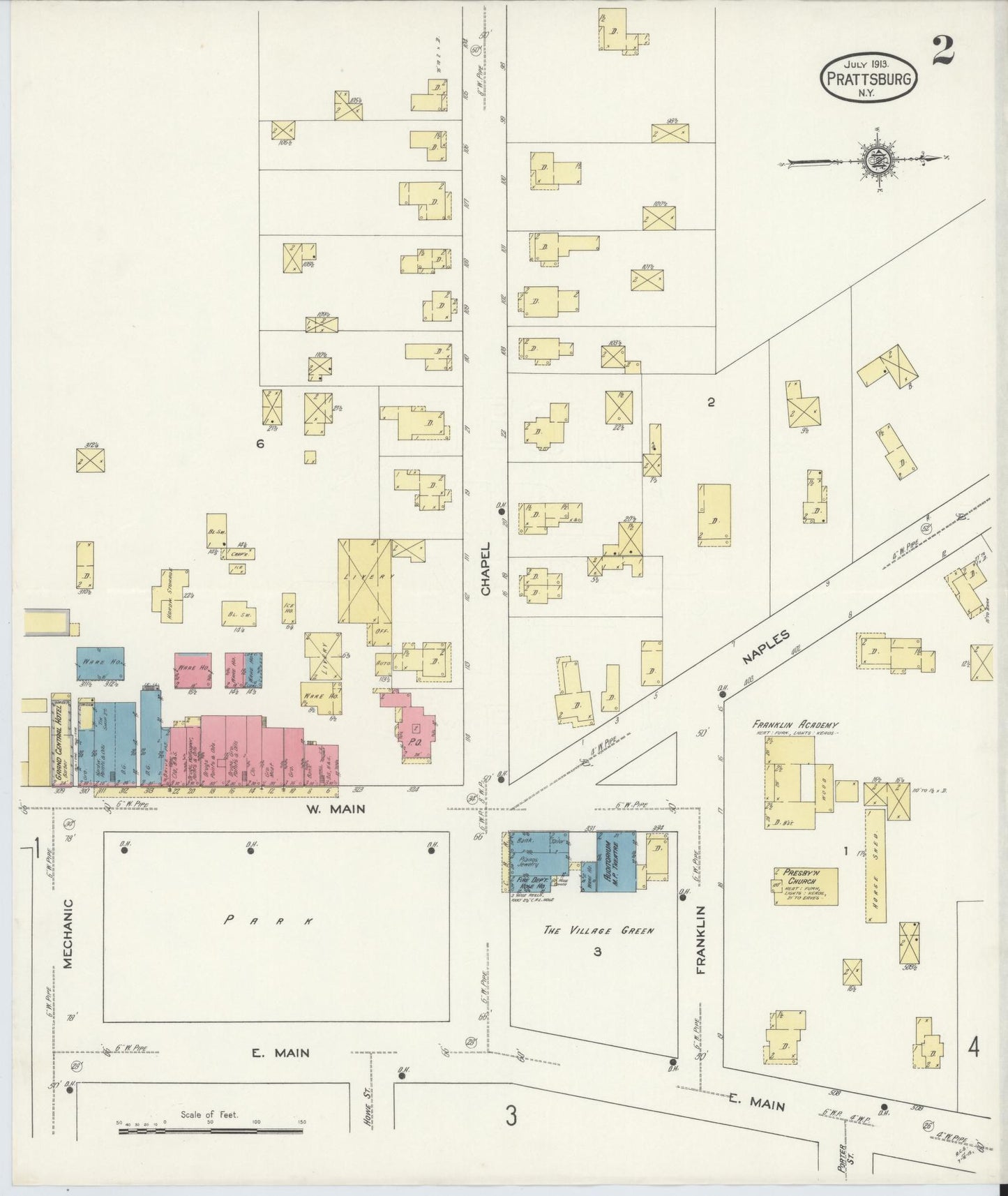 Sanborn Fire Insurance Map from Prattsburgh, Steuben County, New York (1913), Sheet #0002 - Historic Sanborn Fire Insurance Map Print, vintage old map wall art, antique decor, genealogy gift, New York New York map