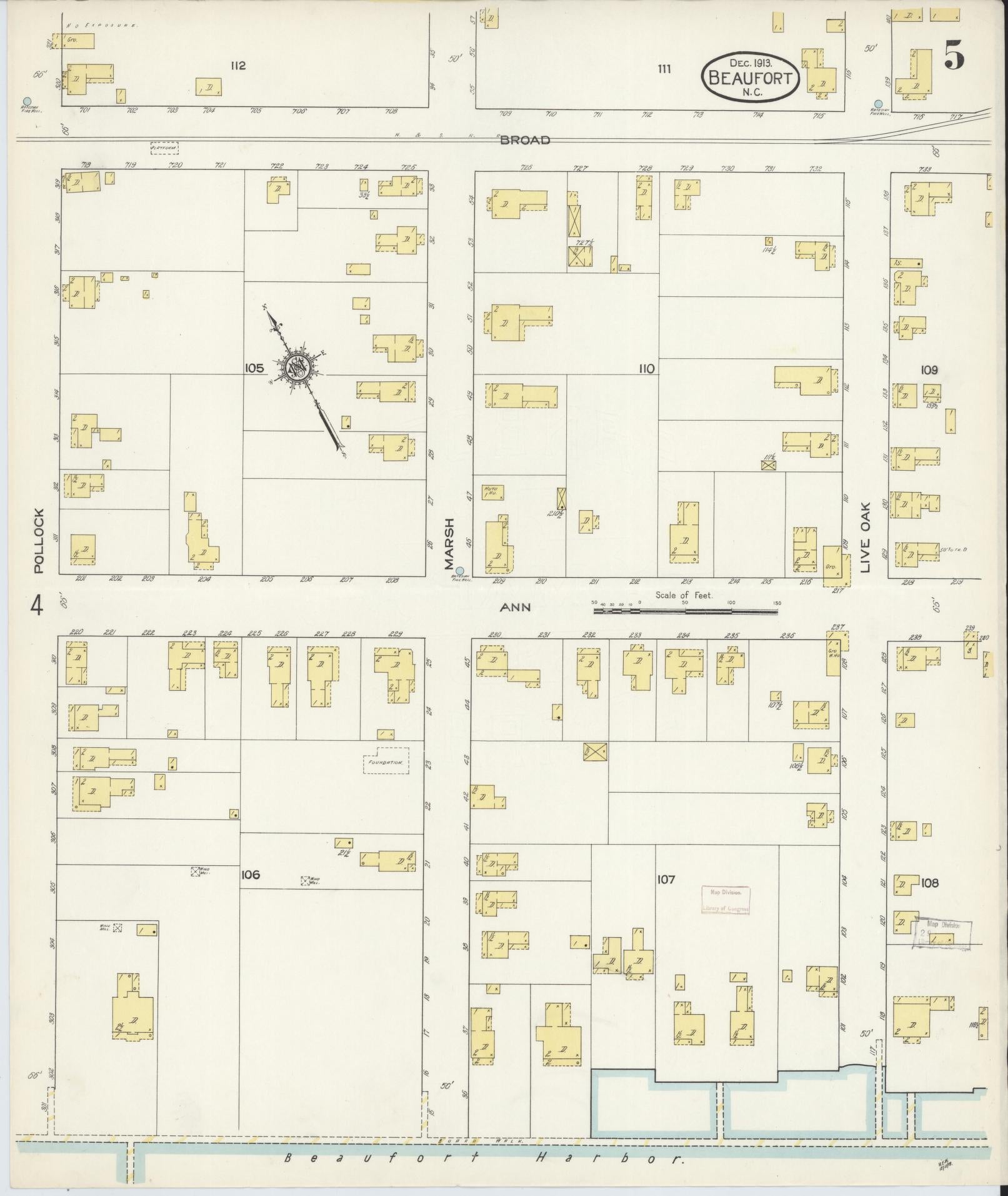 Sanborn Fire Insurance Map from Beaufort, Carteret County, North Carolina (1913), Sheet #0005 - Historic Sanborn Fire Insurance Map Print, vintage old map wall art, antique decor, genealogy gift, North Carolina North Carolina map