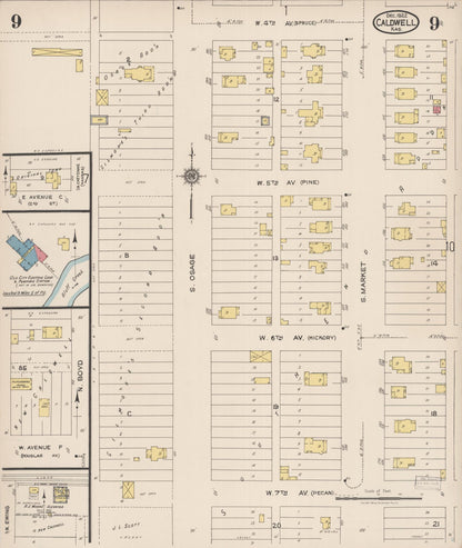 Sanborn Fire Insurance Map from Caldwell, Sumner County, Kansas (1922), Sheet #0009 - Complete Map Set gallery image, historic Sanborn map, vintage wall art, Kansas Kansas
