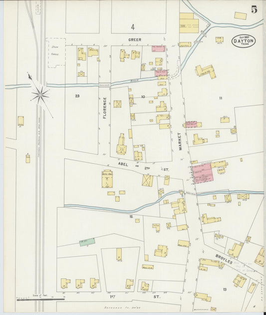 Sanborn Fire Insurance Map from Dayton, Rhea County, Tennessee (1897), Sheet #0005 - Historic Sanborn Fire Insurance Map Print, vintage old map wall art, antique decor, genealogy gift, Tennessee Tennessee map