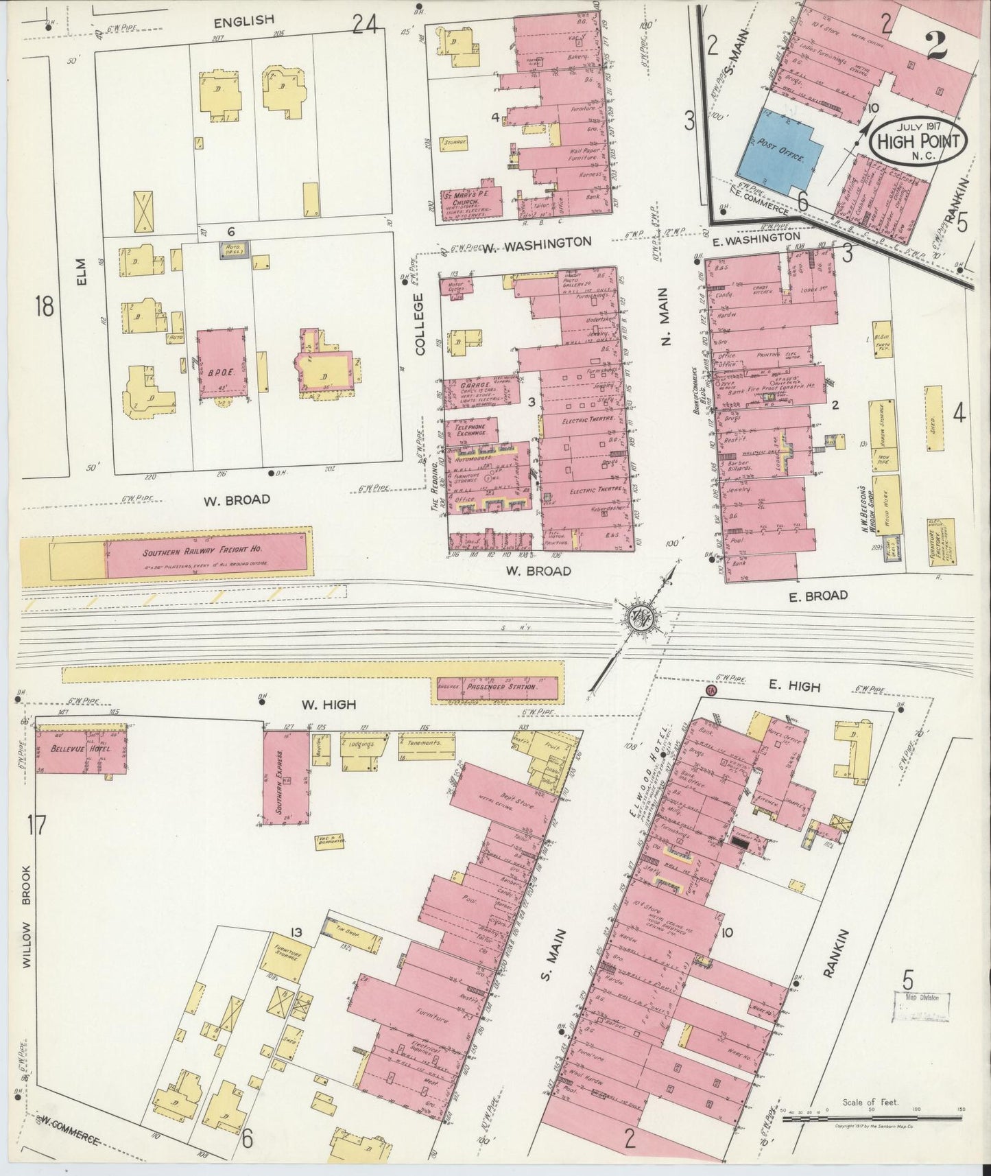 Sanborn Fire Insurance Map from High Point, Guilford County, North Carolina (1917), Sheet #0002 - Complete Map Set gallery image, historic Sanborn map, vintage wall art, North Carolina North Carolina
