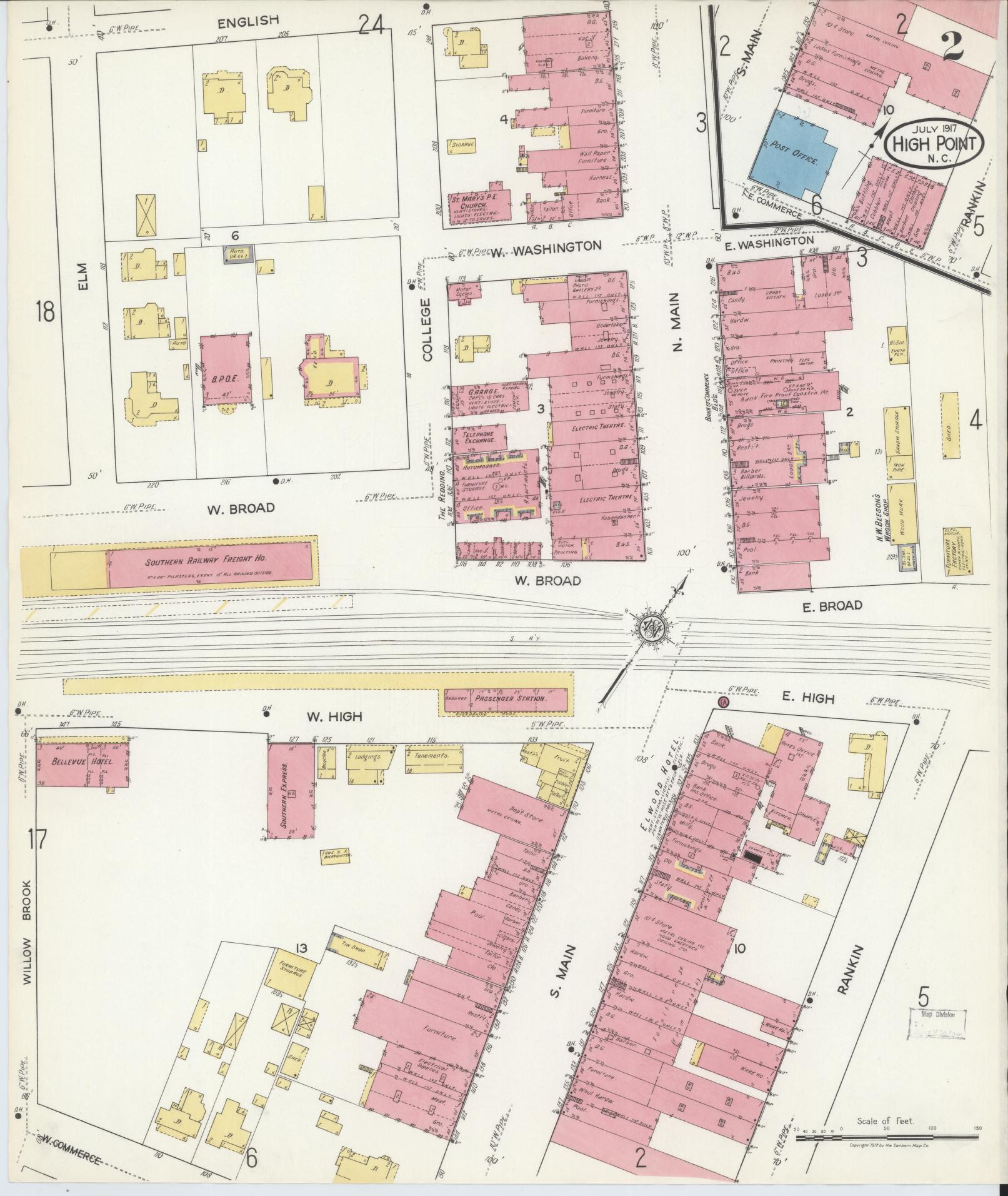 Sanborn Fire Insurance Map from High Point, Guilford County, North Carolina (1917), Sheet #0002 - Complete Map Set gallery image, historic Sanborn map, vintage wall art, North Carolina North Carolina