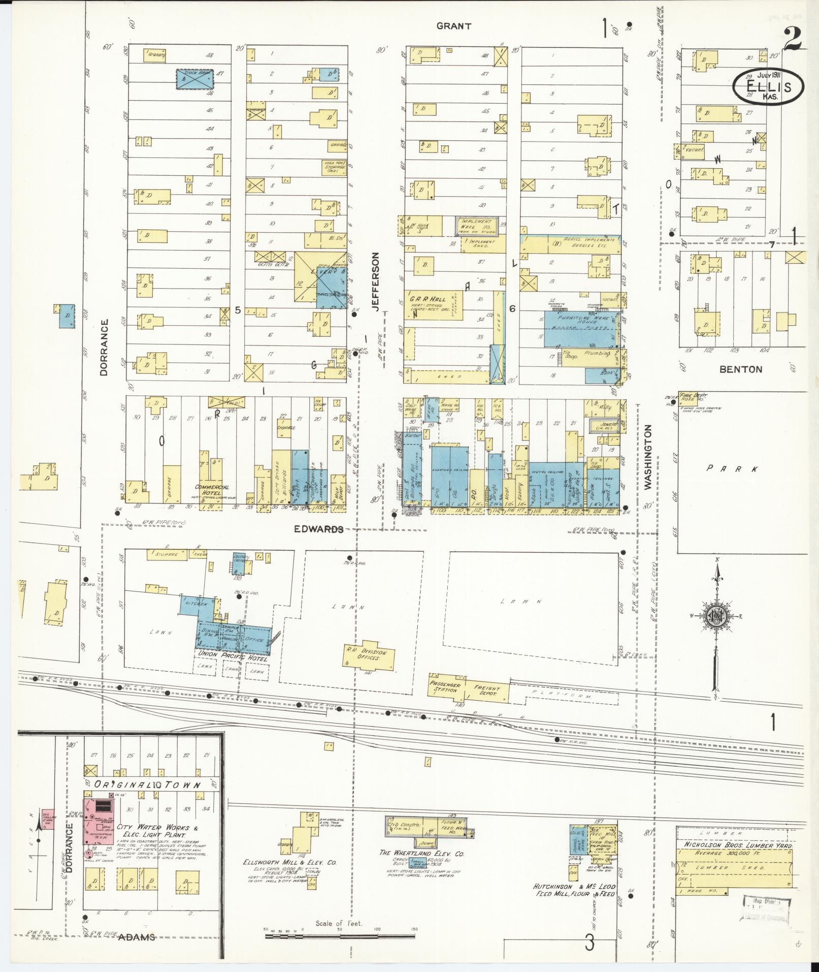 Sanborn Fire Insurance Map from Ellis, Ellis County, Kansas (1911), Sheet #0002 - Historic Sanborn Fire Insurance Map Print, vintage old map wall art, antique decor, genealogy gift, Kansas Kansas map