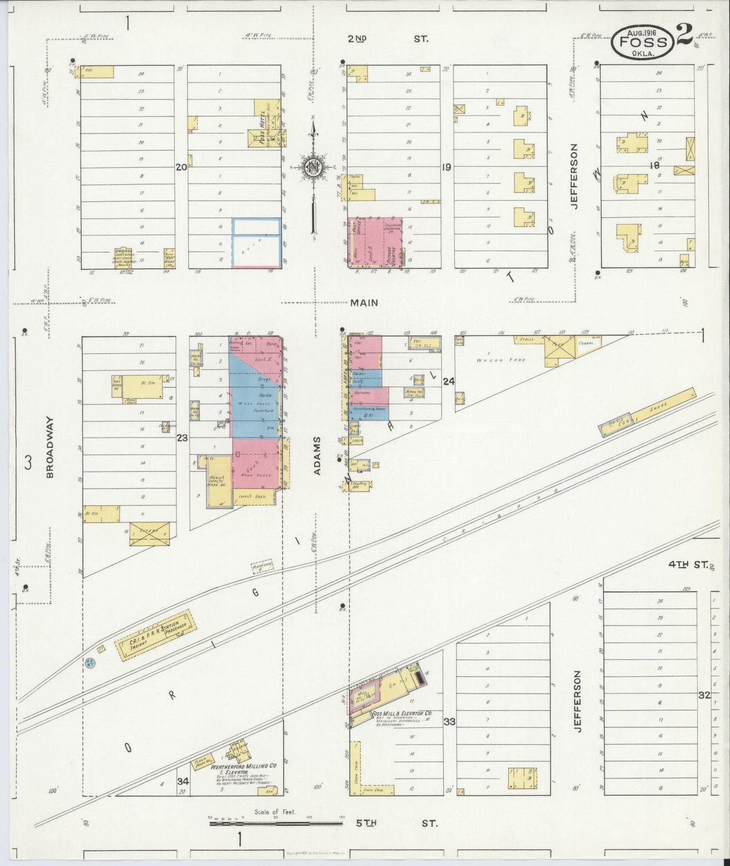 Sanborn Fire Insurance Map from Foss, Washita County, Oklahoma (1916), Sheet #0002 - Historic Sanborn Fire Insurance Map Print, vintage old map wall art, antique decor, genealogy gift, Oklahoma Oklahoma map