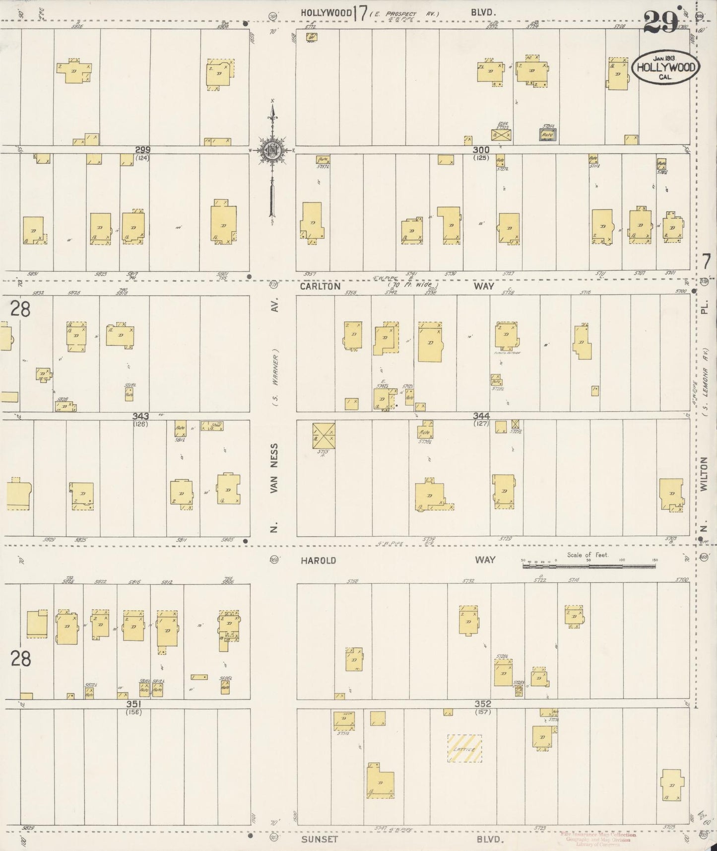 Sanborn Fire Insurance Map from Hollywood, Los Angeles County, California (1913), Sheet #0029 - Historic Sanborn Fire Insurance Map Print, vintage old map wall art, antique decor, genealogy gift, California California map