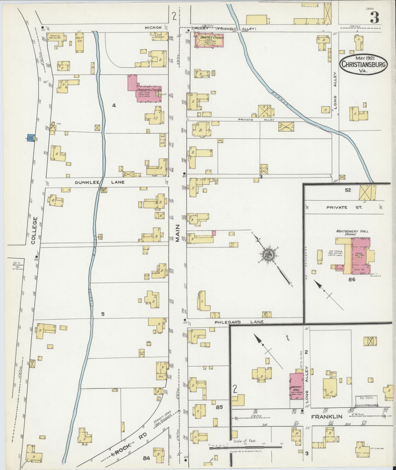 Sanborn Fire Insurance Map from Christiansburg, Montgomery County, Virginia (1921), Sheet #0003 - Historic Sanborn Fire Insurance Map Print, vintage old map wall art, antique decor, genealogy gift, Virginia Virginia map