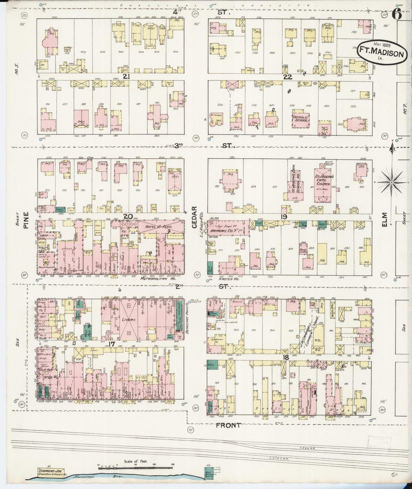 Sanborn Fire Insurance Map from Fort Madison, Lee County, Iowa (1889), Sheet #0006 - Historic Sanborn Fire Insurance Map Print, vintage old map wall art