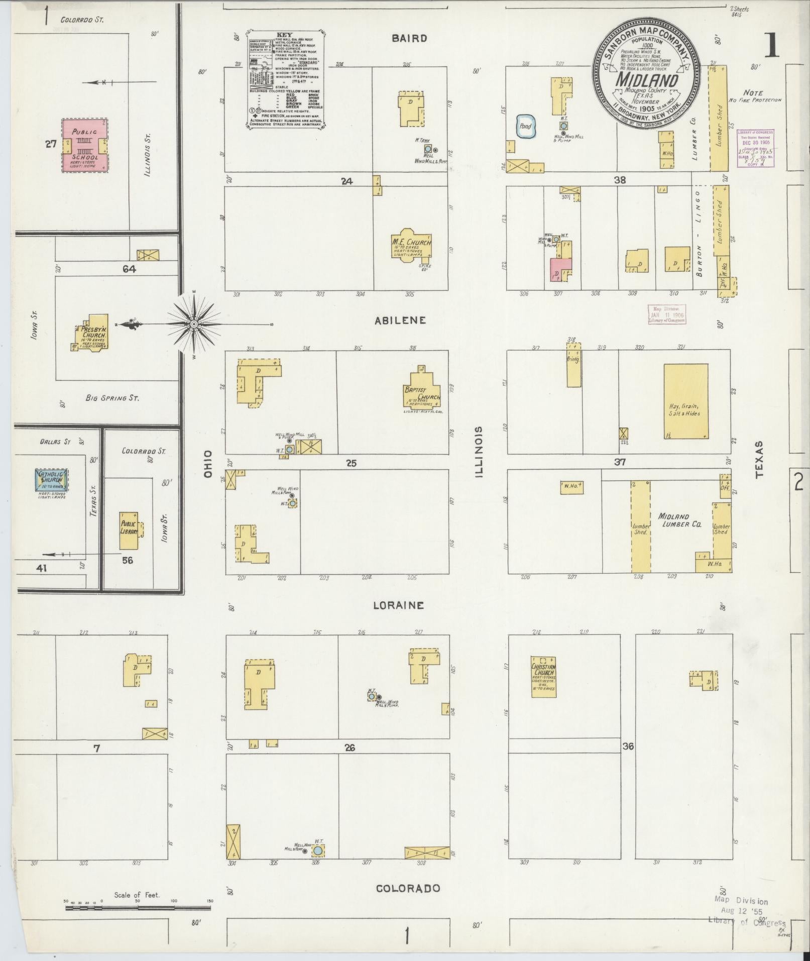 Sanborn Fire Insurance Map from Midland, Midland County, Texas (1905), Sheet #0001 - Historic Sanborn Fire Insurance Map Print, vintage old map wall art, antique decor, genealogy gift, Texas Texas map