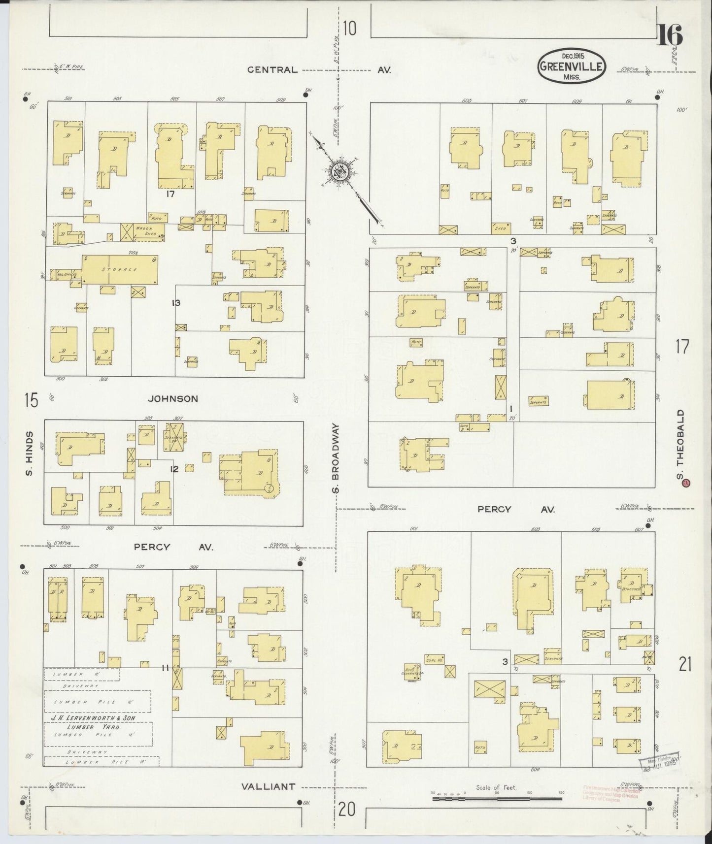 Sanborn Fire Insurance Map from Greenville, Washington County, Mississippi (1915), Sheet #0016 - Complete Map Set gallery image, historic Sanborn map, vintage wall art, Mississippi Mississippi