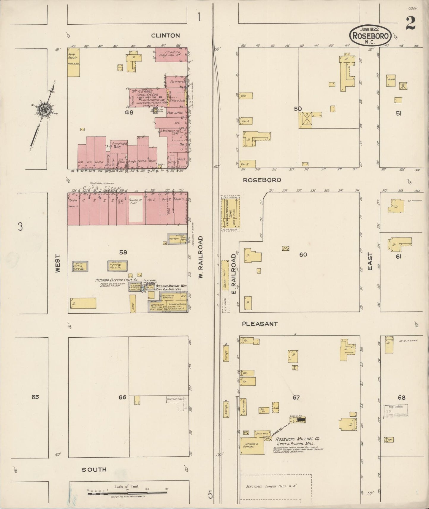 Sanborn Fire Insurance Map from Roseboro, Sampson County, North Carolina (1922), Sheet #0002 - Complete Map Set gallery image, historic Sanborn map, vintage wall art, North Carolina North Carolina
