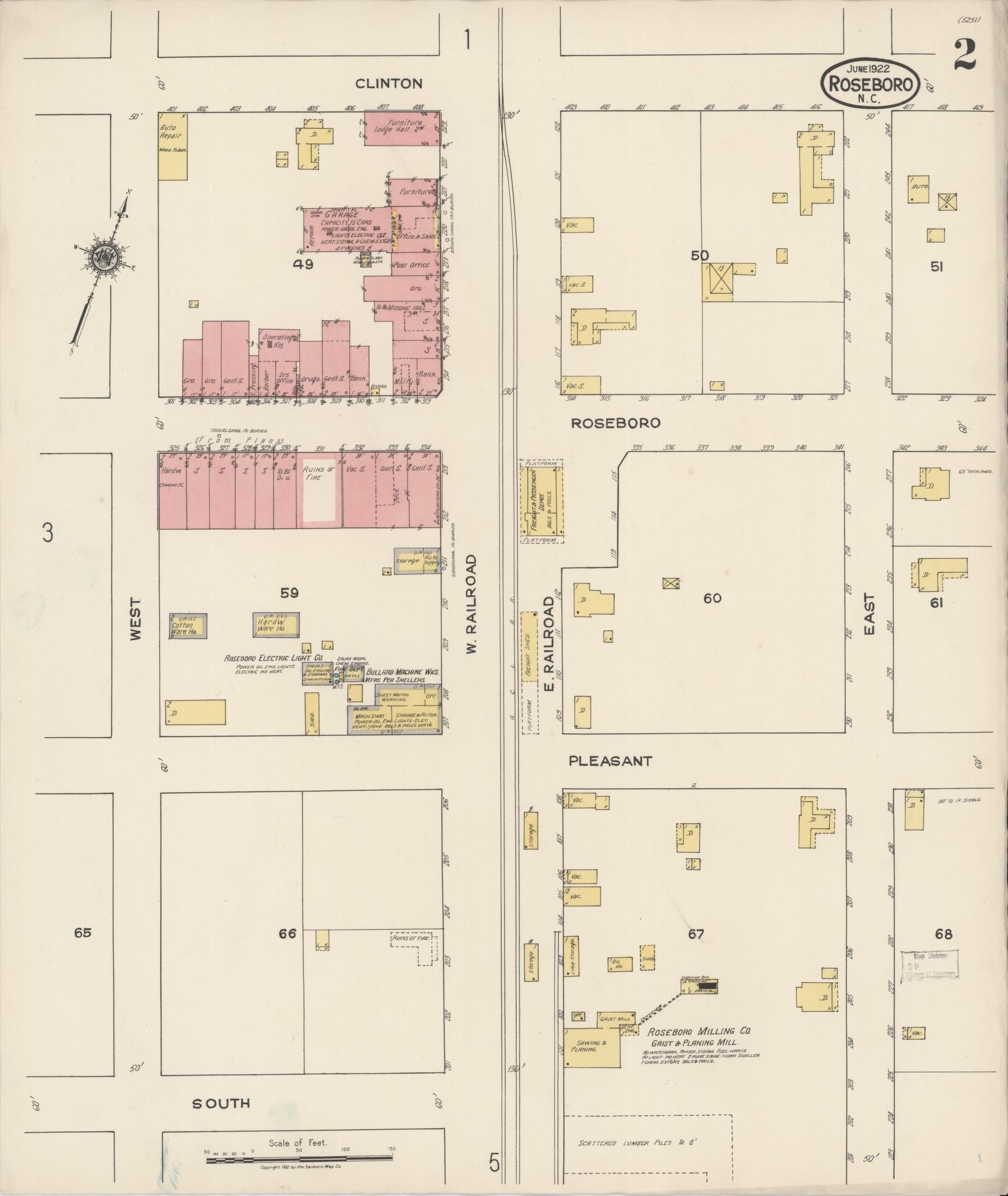 Sanborn Fire Insurance Map from Roseboro, Sampson County, North Carolina (1922), Sheet #0002 - Complete Map Set gallery image, historic Sanborn map, vintage wall art, North Carolina North Carolina