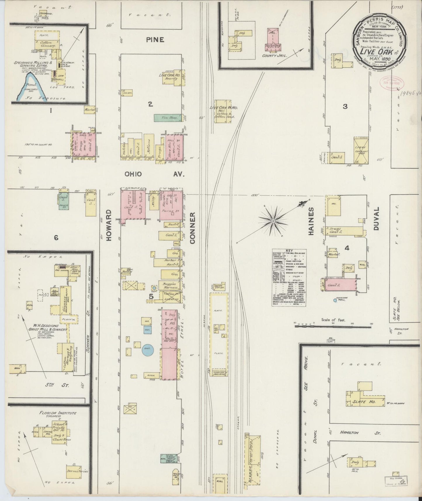 Sanborn Fire Insurance Map from Live Oak, Suwanee County, Florida (1890), Sheet #0001 - Historic Sanborn Fire Insurance Map Print, vintage old map wall art, antique decor, genealogy gift, Florida Florida map