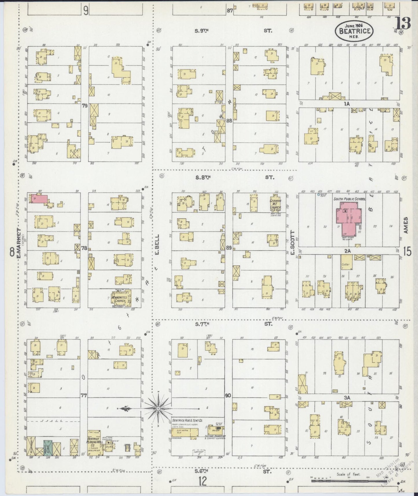 Sanborn Fire Insurance Map from Beatrice, Gage County, Nebraska (1906), Sheet #0013 - Complete Map Set gallery image, historic Sanborn map, vintage wall art, Nebraska Nebraska