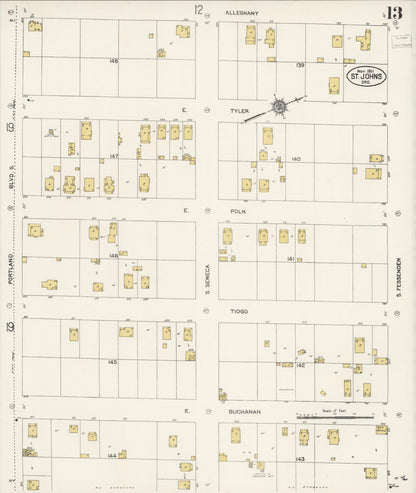 Sanborn Fire Insurance Map from Saint Johns, Multnomah County, Oregon (1911), Sheet #0013 - Complete Map Set gallery image, historic Sanborn map, vintage wall art, Oregon Oregon
