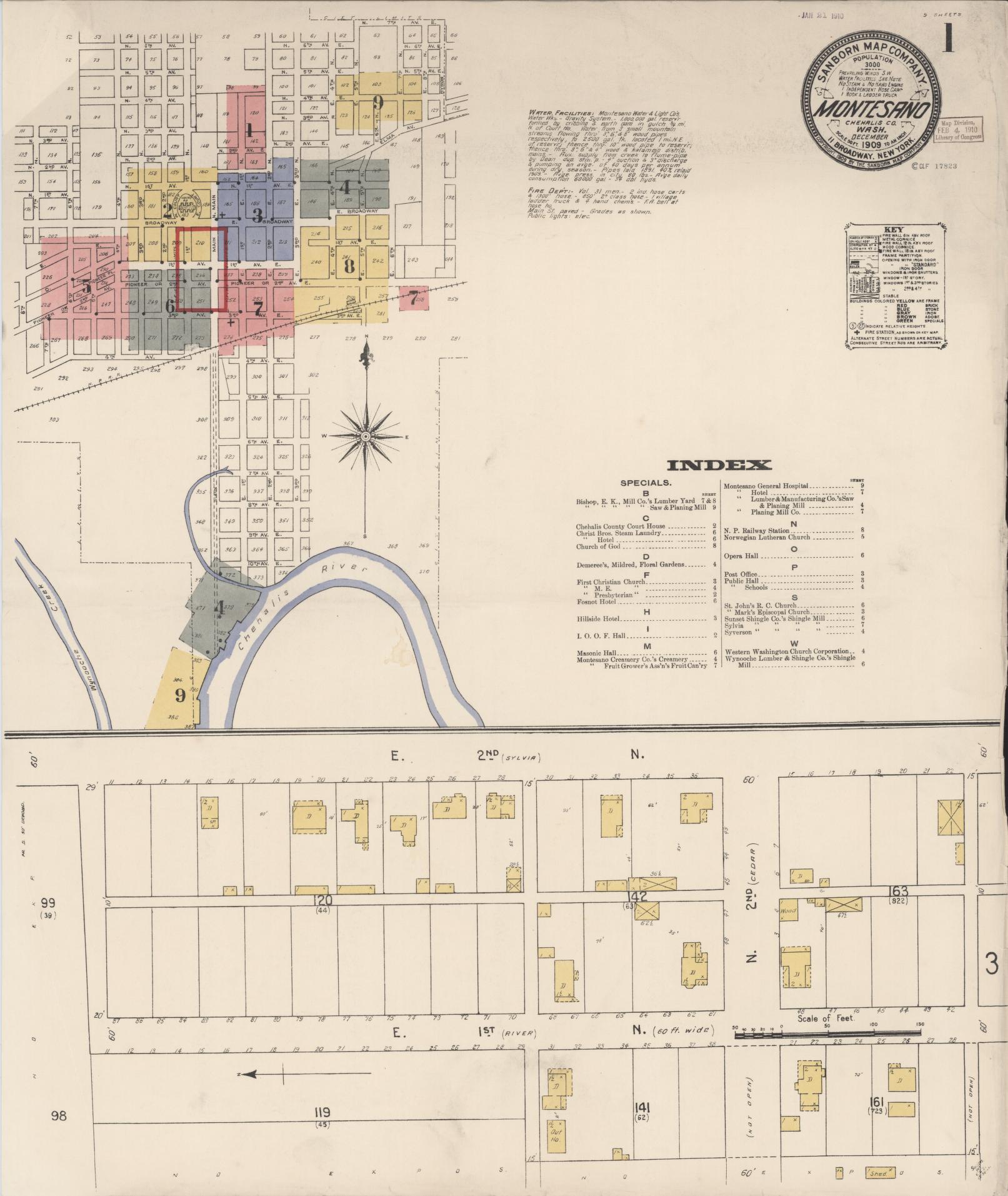 Sanborn Fire Insurance Map from Montesano, Grays Harbor County, Washington (1909), Sheet #0001 - Historic Sanborn Fire Insurance Map Print, vintage old map wall art, antique decor, genealogy gift, Washington Washington map