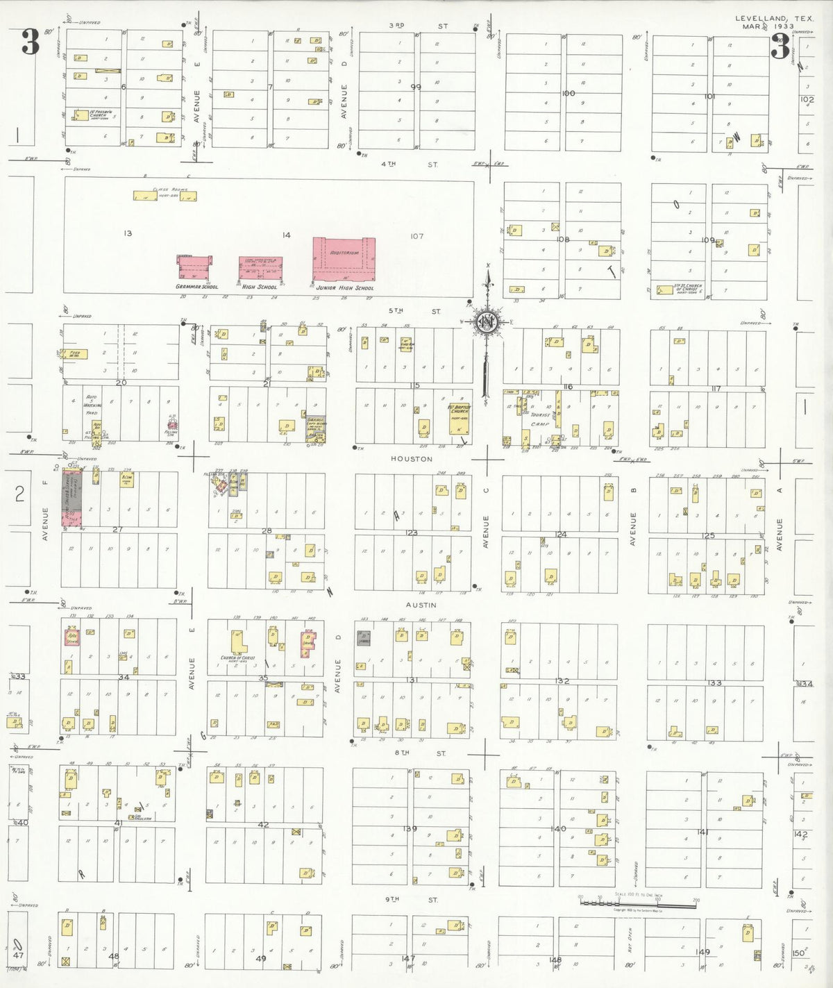 Sanborn Fire Insurance Map from Levelland, Hockley County, Texas (1933), Sheet #0003 - Complete Map Set gallery image, historic Sanborn map, vintage wall art, Texas Texas