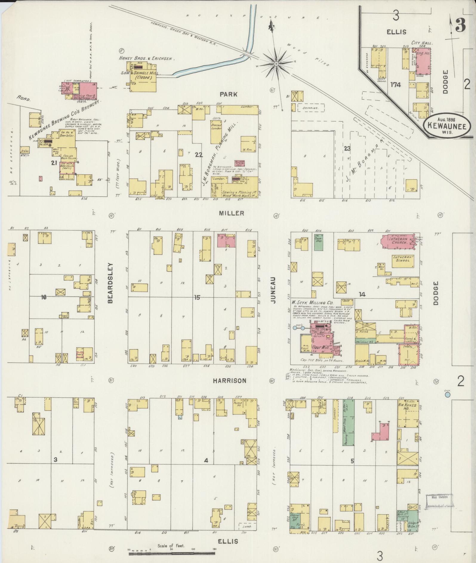 Sanborn Fire Insurance Map from Kewaunee, Kewaunee County, Wisconsin (1898), Sheet #0003 - Historic Sanborn Fire Insurance Map Print, vintage old map wall art, antique decor, genealogy gift, Wisconsin Wisconsin map