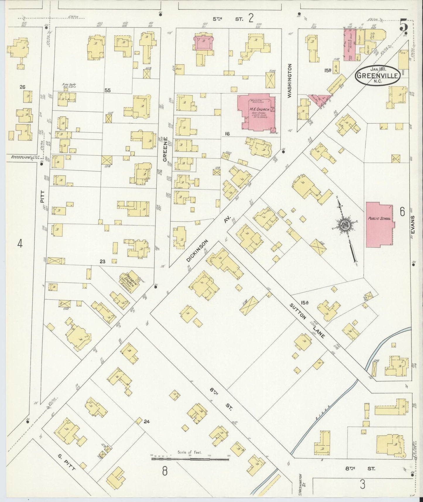 Sanborn Fire Insurance Map from Greenville, Pitt County, North Carolina (1911), Sheet #0005 - Complete Map Set gallery image, historic Sanborn map, vintage wall art, North Carolina North Carolina