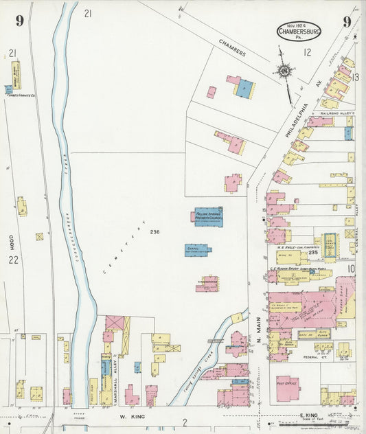 Sanborn Fire Insurance Map from Chambersburg, Franklin County, Pennsylvania (1924), Sheet #0009 - Historic Sanborn Fire Insurance Map Print, vintage old map wall art, antique decor, genealogy gift, Pennsylvania Pennsylvania map