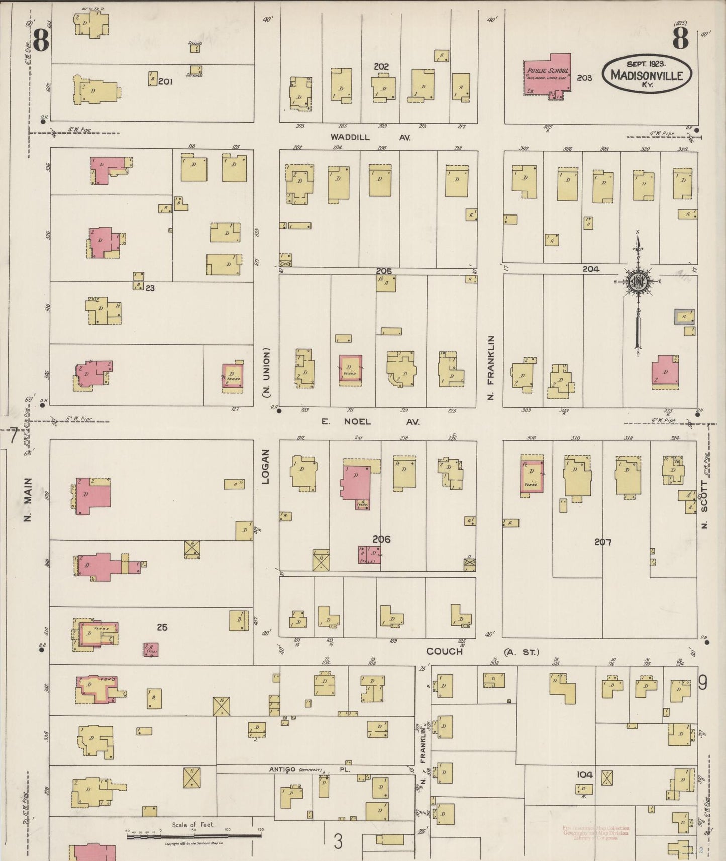 Sanborn Fire Insurance Map from Madisonville, Hopkins County, Kentucky (1923), Sheet #0008 - Complete Map Set gallery image, historic Sanborn map, vintage wall art, Kentucky Kentucky