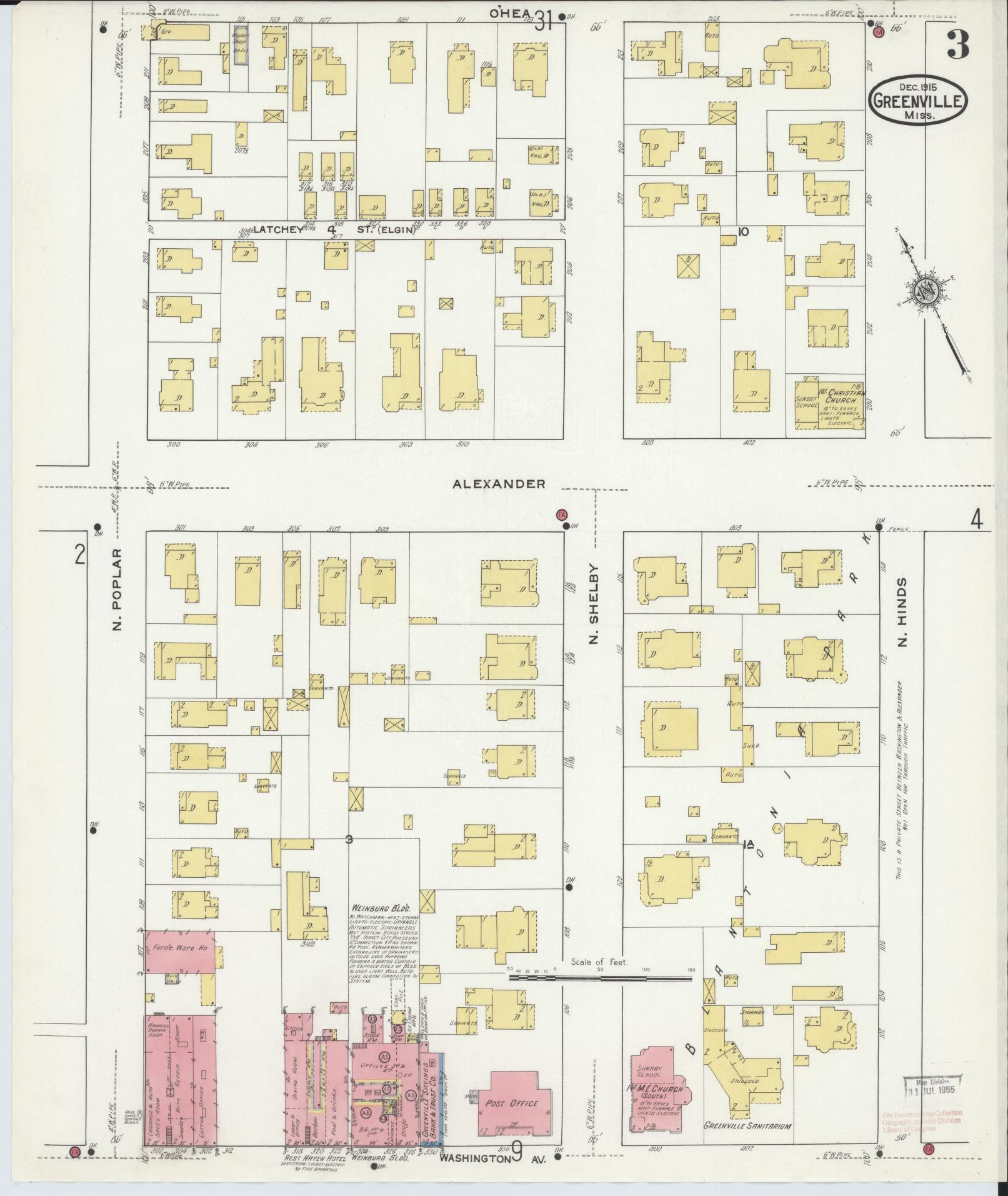 Sanborn Fire Insurance Map from Greenville, Washington County, Mississippi (1915), Sheet #0003 - Historic Sanborn Fire Insurance Map Print, vintage old map wall art, antique decor, genealogy gift, Mississippi Mississippi map