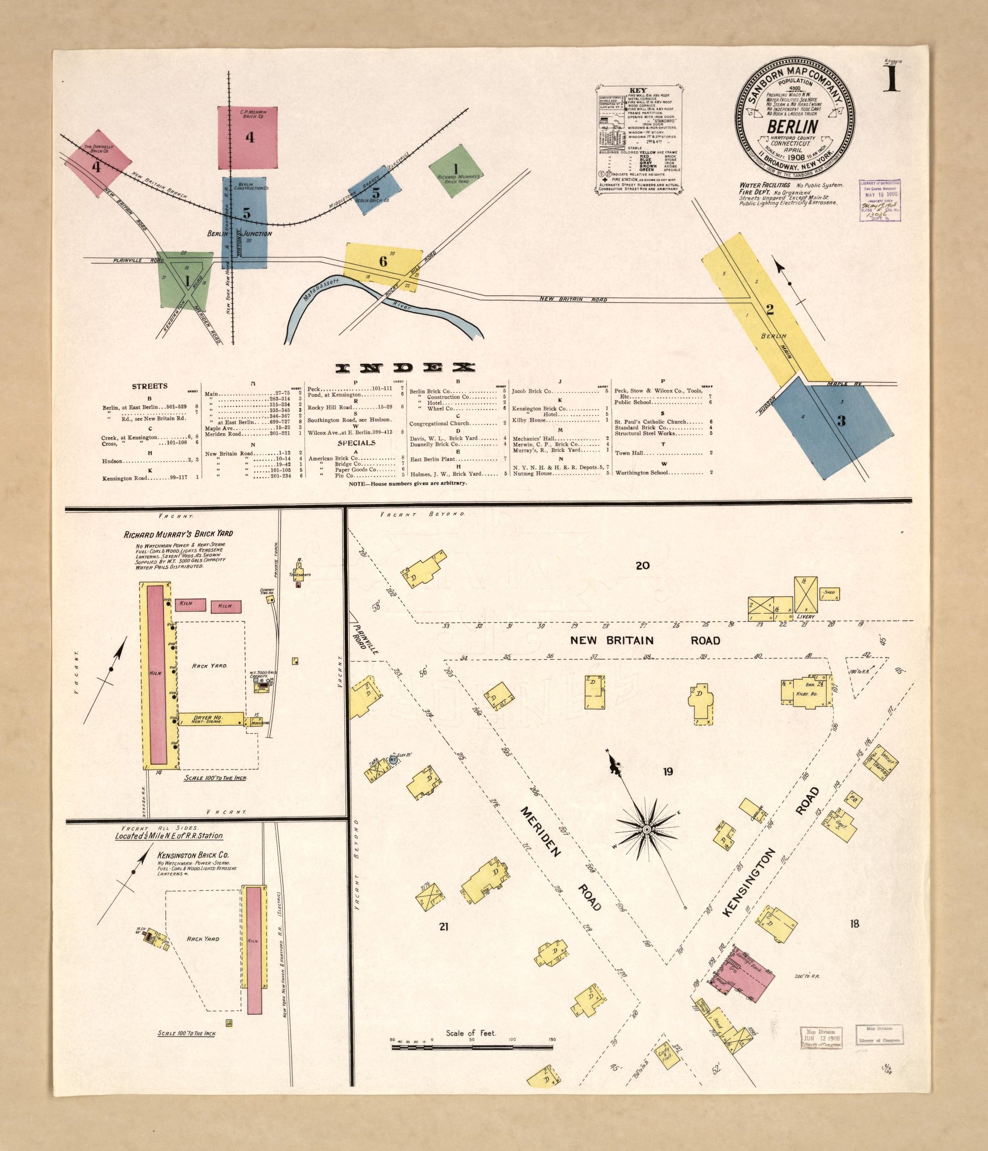 Sanborn Fire Insurance Map from Berlin, Hartford County, Connecticut (1908), Sheet #0001 - Historic Sanborn Fire Insurance Map Print, vintage old map wall art, antique decor, genealogy gift, Connecticut Connecticut map