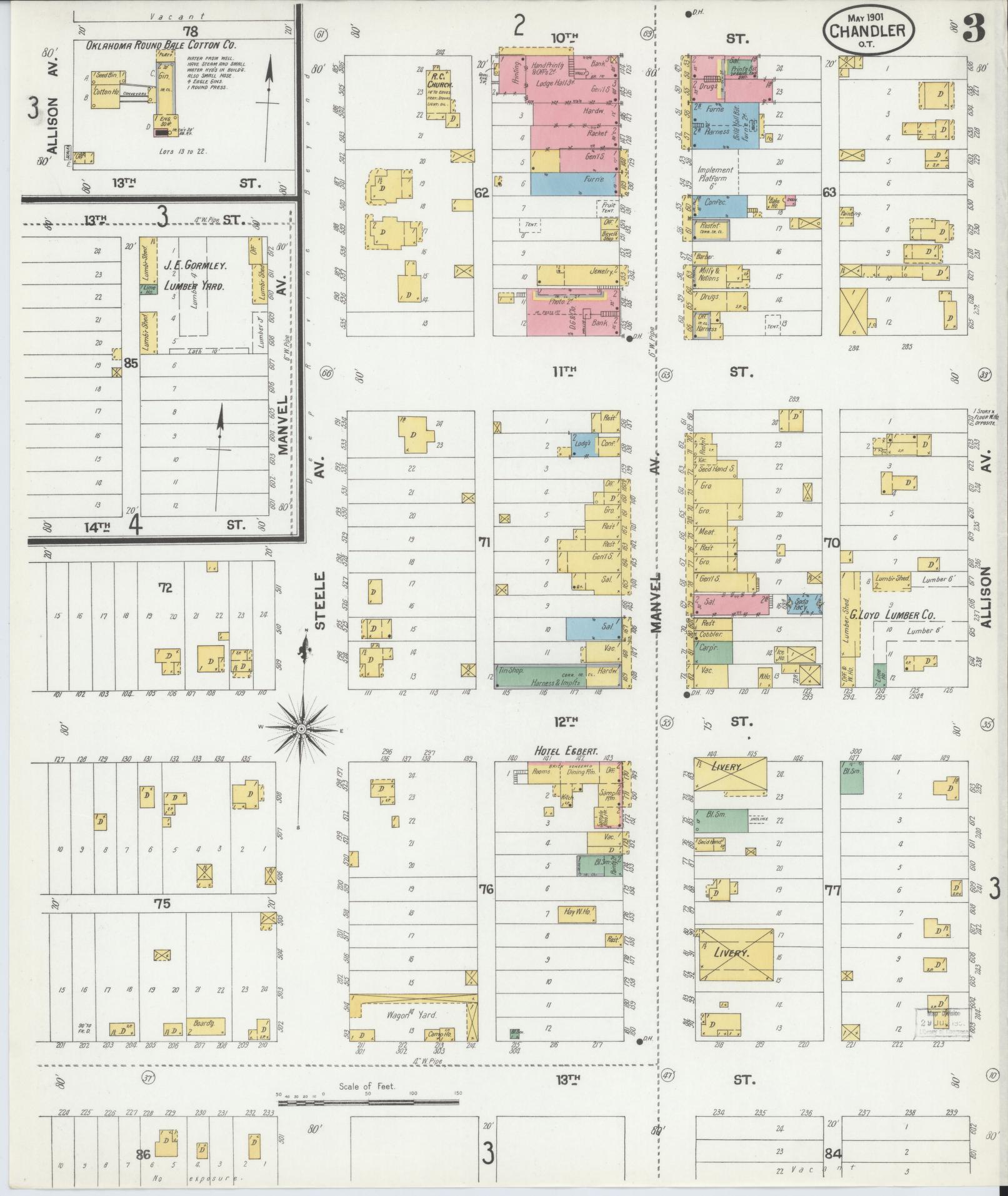 Sanborn Fire Insurance Map from Chandler, Lincoln County, Oklahoma (1901), Sheet #0003 - Complete Map Set gallery image, historic Sanborn map, vintage wall art, Oklahoma Oklahoma