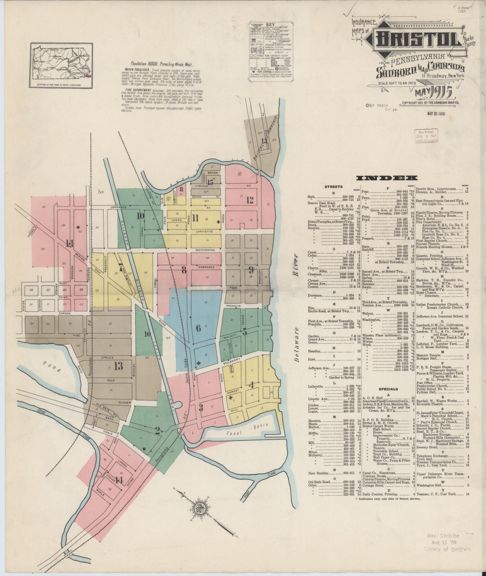 Sanborn Fire Insurance Map from Bristol, Bucks County, Pennsylvania (1915), Sheet #0001 - Historic Sanborn Fire Insurance Map Print, vintage old map wall art, antique decor, genealogy gift, Pennsylvania Pennsylvania map
