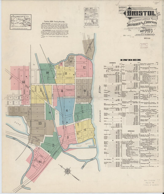 Sanborn Fire Insurance Map from Bristol, Bucks County, Pennsylvania (1915), Sheet #0001 - Historic Sanborn Fire Insurance Map Print, vintage old map wall art, antique decor, genealogy gift, Pennsylvania Pennsylvania map
