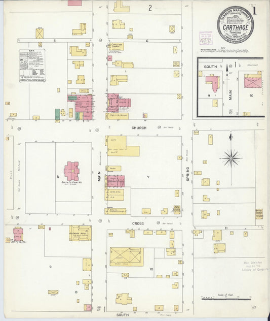 Sanborn Fire Insurance Map from Carthage, Smith County, Tennessee (1908), Sheet #0001 - Complete Map Set gallery image, historic Sanborn map, vintage wall art, Tennessee Tennessee
