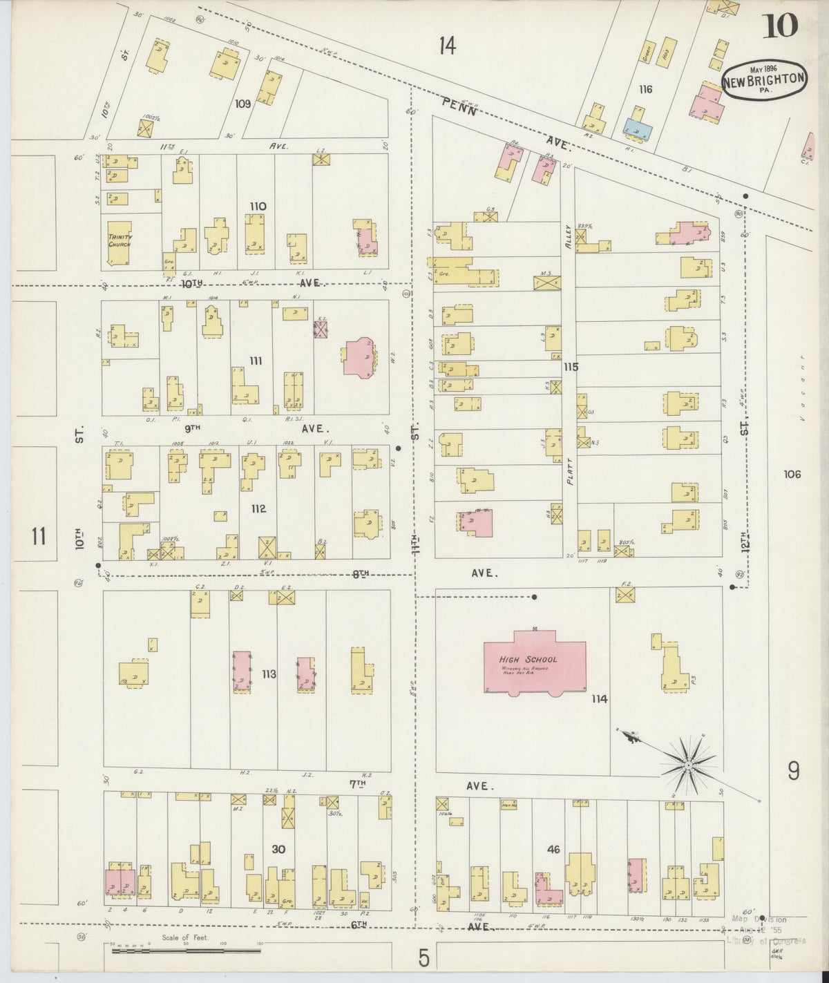 Sanborn Fire Insurance Map from New Brighton, Beaver County, Pennsylvania (1896), Sheet #0010 - Historic Sanborn Fire Insurance Map Print, vintage old map wall art, antique decor, genealogy gift, Pennsylvania Pennsylvania map