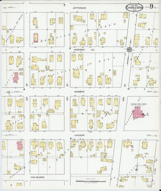 Sanborn Fire Insurance Map from Charleston, Coles County, Illinois (1919), Sheet #0009 - Historic Sanborn Fire Insurance Map Print, vintage old map wall art, antique decor, genealogy gift, Illinois Illinois map