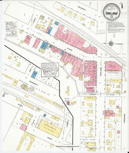 Sanborn Fire Insurance Map from Oakland, Pottawattmie County, Iowa (1918), Sheet #0001 - Historic Sanborn Fire Insurance Map Print, vintage old map wall art