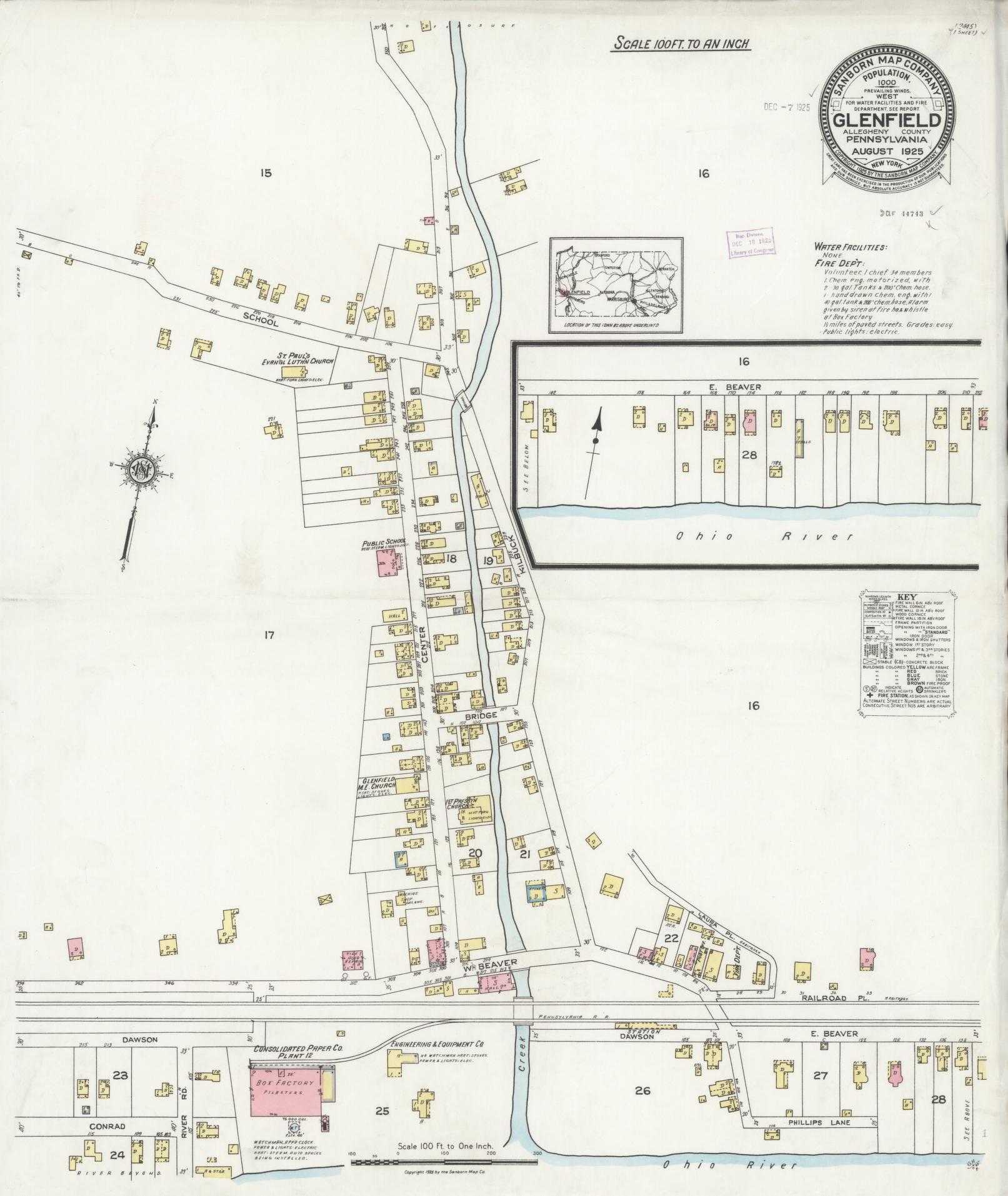 Sanborn Fire Insurance Map from Glenfield, Allegheny County, Pennsylvania (1925), Sheet #0001 - Historic Sanborn Fire Insurance Map Print, vintage old map wall art, antique decor, genealogy gift, Pennsylvania Pennsylvania map