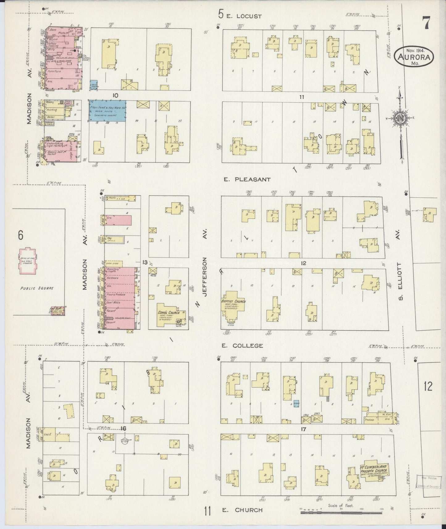Sanborn Fire Insurance Map from Aurora, Lawrence County, Missouri (1914), Sheet #0007 - Complete Map Set gallery image, historic Sanborn map, vintage wall art, Missouri Missouri