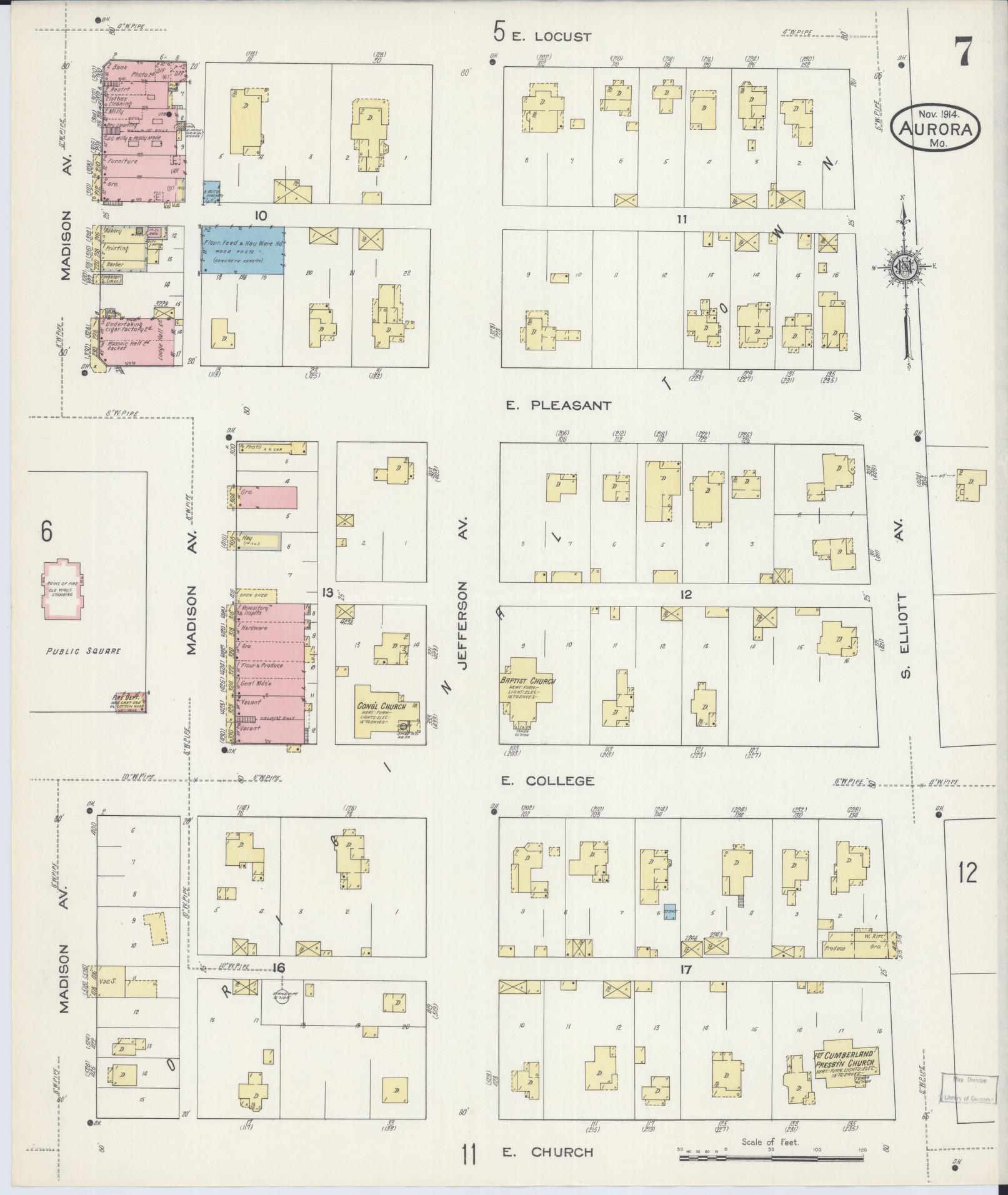 Sanborn Fire Insurance Map from Aurora, Lawrence County, Missouri (1914), Sheet #0007 - Complete Map Set gallery image, historic Sanborn map, vintage wall art, Missouri Missouri