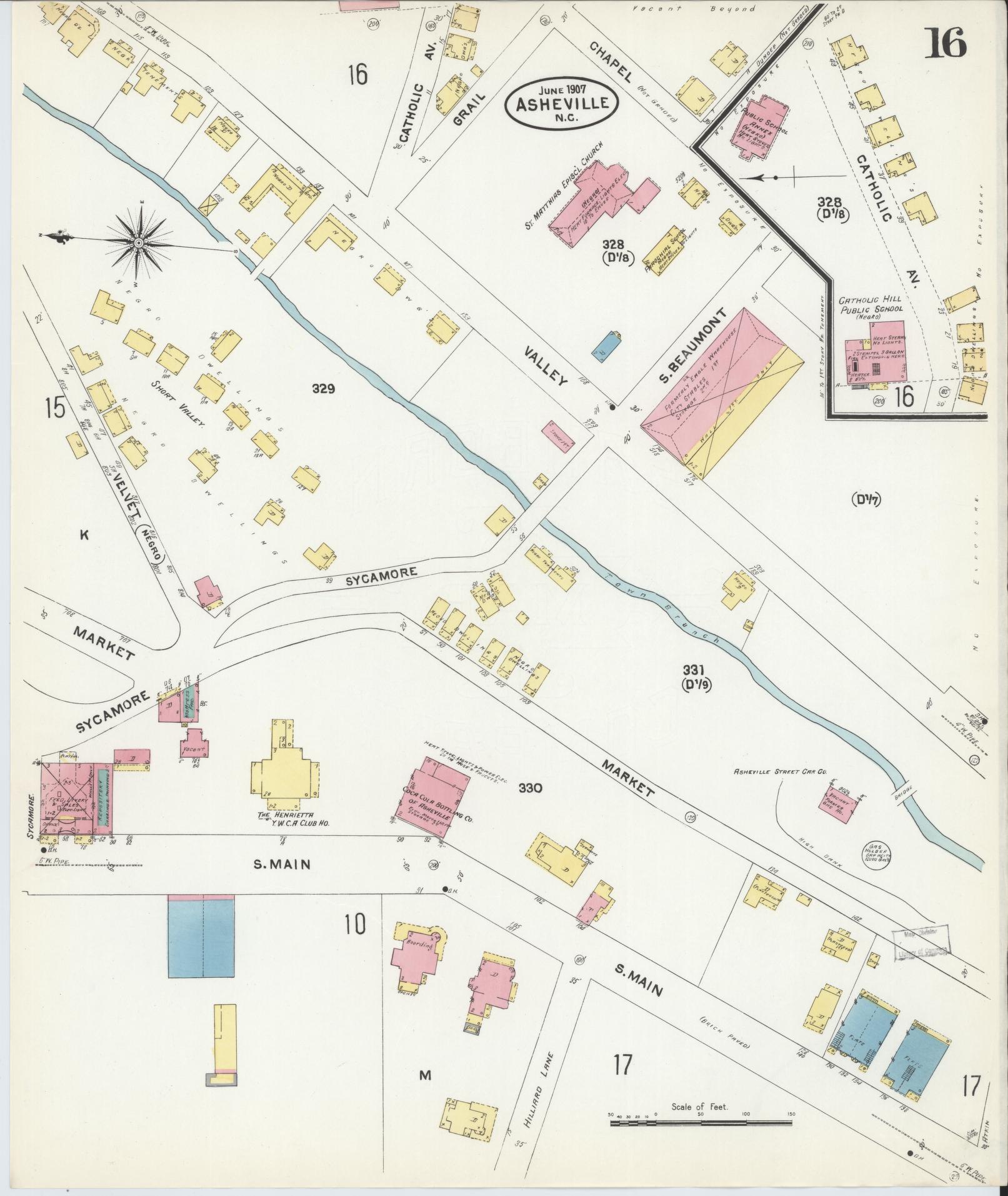 Sanborn Fire Insurance Map from Asheville, Buncombe County, North Carolina (1907), Sheet #0016 - Complete Map Set gallery image, historic Sanborn map, vintage wall art, North Carolina North Carolina