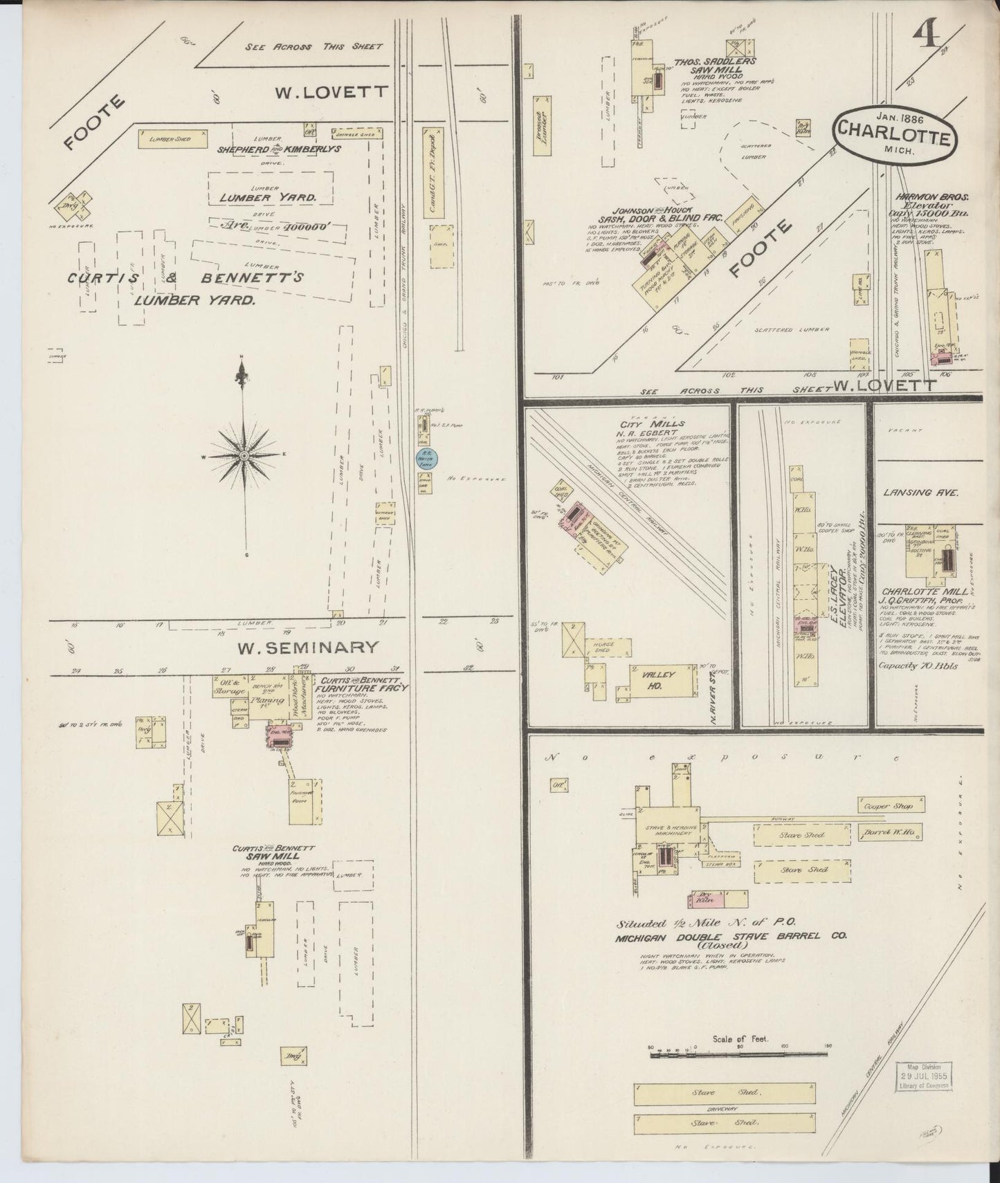 Sanborn Fire Insurance Map from Charlotte, Eaton County, Michigan (1886), Sheet #0004 - Historic Sanborn Fire Insurance Map Print, vintage old map wall art, antique decor, genealogy gift, Michigan Michigan map